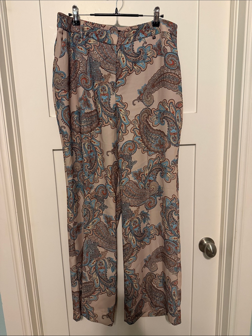 Express Paisley Wide-Leg Bohemian Palazzo Pants in Beige, Blue and Brown size L